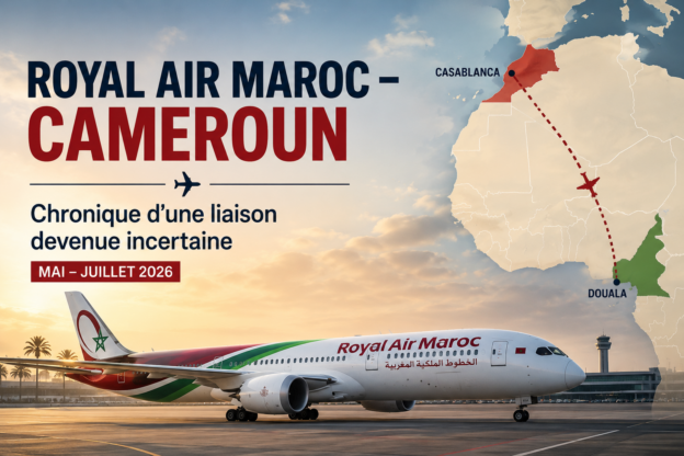 Illustration de la liaison Royal Air Maroc entre Casablanca et Douala, utilisée en introduction d'un article retraçant les perturbations et annulations de vols entre le Maroc et le Cameroun de mai à juillet 2026.